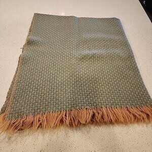 Vintage 60s Pendleton 100% Wool Blanket 52"x46" Green Tan Waffle Check Fringe